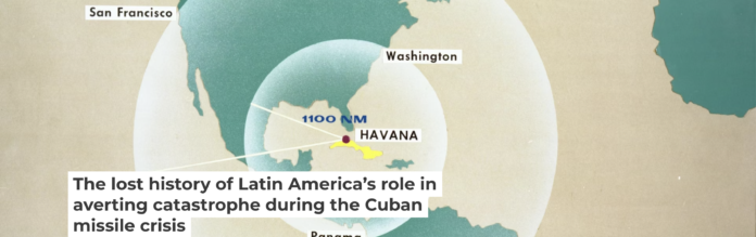 A map prepared by the Defense Department in 1962 shows potential ranges of Soviet ballistic missiles from Cuba. Department of Defense Cuban Missile Crisis briefing materials/John F. Kennedy Presidential Library and Museum